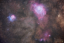 Messier 8 and Messier 20 - lagoon and trifid nebula